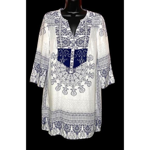 H&M L.O.G.G Women's Sheer White Blue Embroidery 1/4 Button Boho Dress Size 8 - Picture 1 of 11